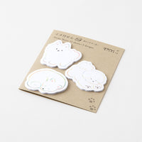 Set of white cat-shaped sticky notes on a brown paper sheet with text